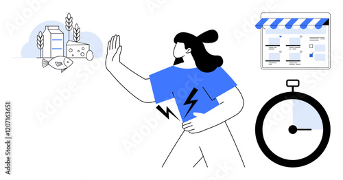 Person refusing dairy and seafood foods while monitoring nutritional schedule and managing time. Ideal for wellness, diet planning, lactose intolerance, pescatarian lifestyle, time management, health