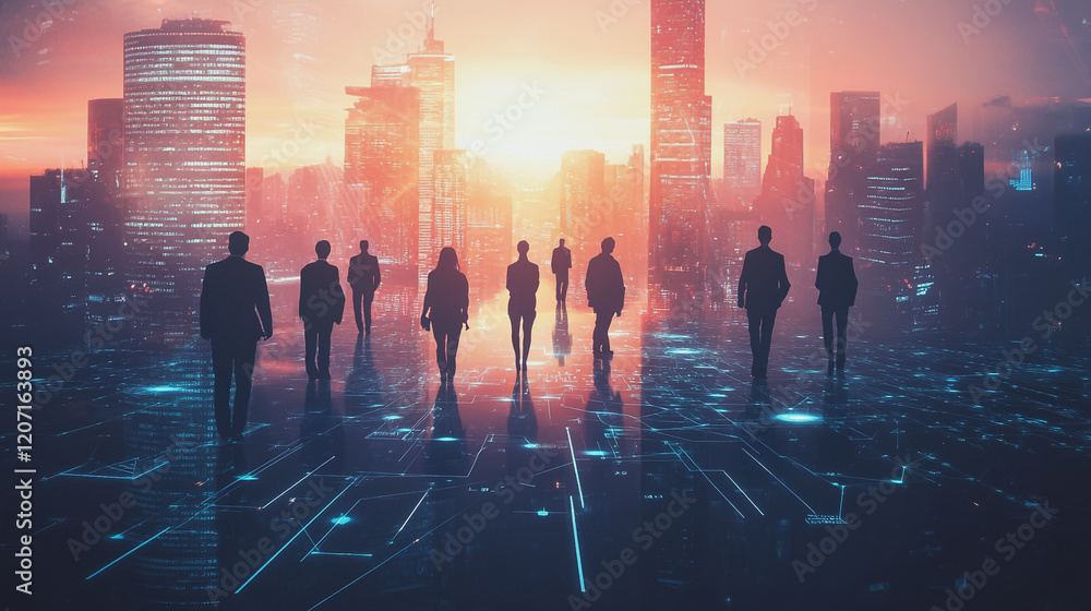 Obraz premium abstract professional business team people connection of line from nail node to node on Smart digital cityscap and skyline background , Innovation networking concept