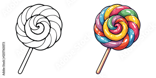 Lollipop And Candy Line Art Vector Illustration Black and White with Coloring Sample. Bold and Easy Food, Fruits, Sweets, Drinks, Dessert, and Snacks Coloring Pages for Adults and Kids
