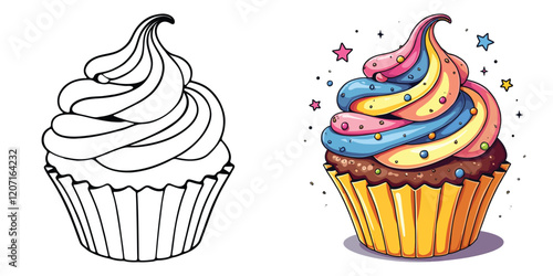 Cupcake Line Art Vector Illustration Black and White with Coloring Sample. Bold and Easy Food, Fruits, Sweets, Drinks, Dessert, and Snacks Coloring Pages for Adults and Kids
