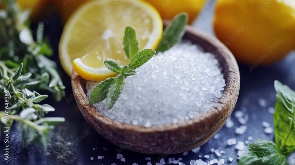 A close-up of a small bowl of flaky sea salt, with fresh herbs and lemon slices arranged artistically around it, highlighting the freshness of ingredients A close-up of a small bowl of flaky sea salt, with fresh herbs and lemon slices arranged artistically around it, highlighting the freshness of ingredients