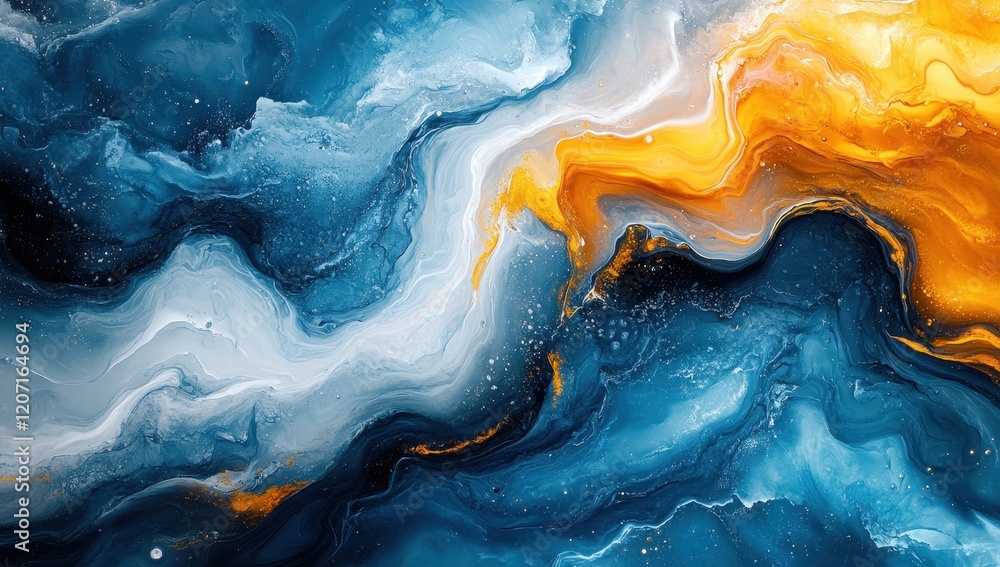 Abstract background featuring dynamic blue, yellow, and white swirls. Abstract background featuring dynamic blue, yellow, and white swirls.