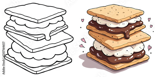 Smores Line Art Vector Illustration Black and White with Coloring Sample. Bold and Easy Food, Fruits, Sweets, Drinks, Dessert, and Snacks Coloring Pages for Adults and Kids