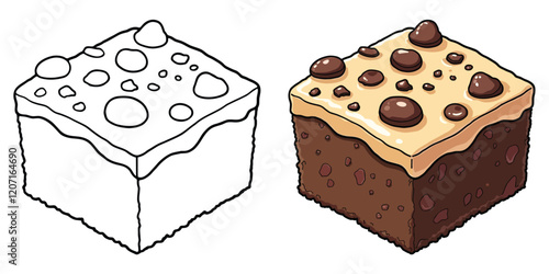 Brownies Line Art Vector Illustration Black and White with Coloring Sample. Bold and Easy Food, Fruits, Sweets, Drinks, Dessert, and Snacks Coloring Pages for Adults and Kids