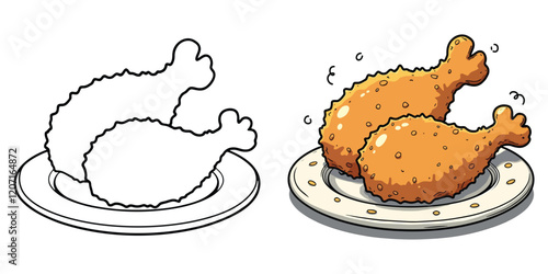Fried Chicken Line Art Vector Illustration Black and White with Coloring Sample. Bold and Easy Food, Fruits, Sweets, Drinks, Dessert, and Snacks Coloring Pages for Adults and Kids