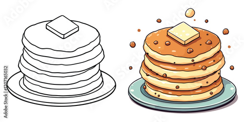 Pancake Line Art Vector Illustration Black and White with Coloring Sample. Bold and Easy Food, Fruits, Sweets, Drinks, Dessert, and Snacks Coloring Pages for Adults and Kids