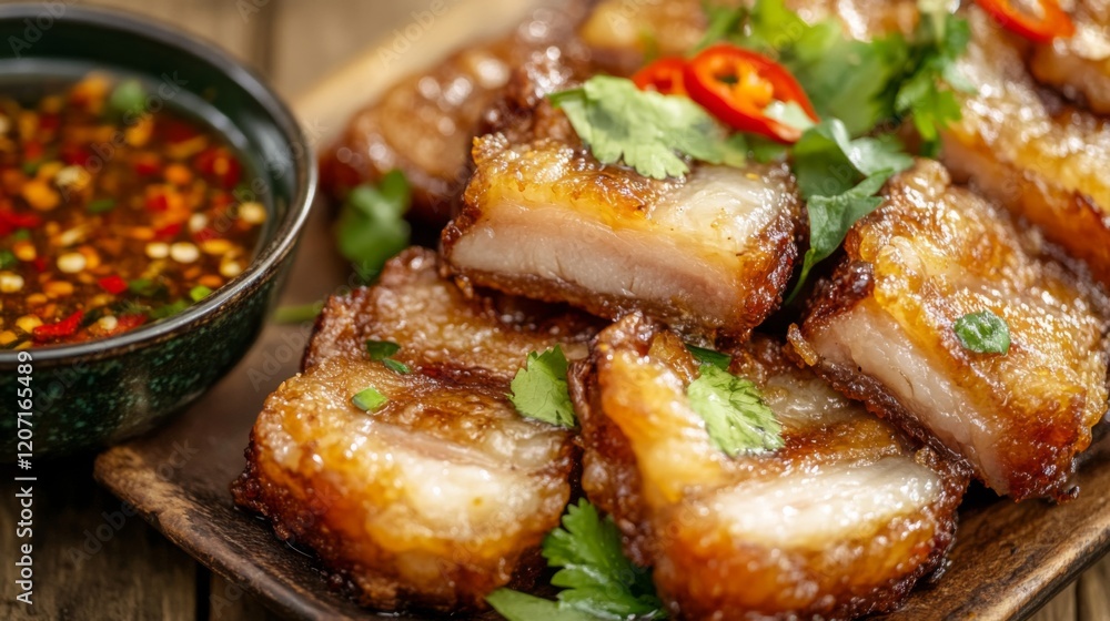 A close-up of crispy fried pork belly garnished with fresh herbs and sliced chilies, placed on a rustic wooden table with a bowl of dipping sauce beside it A close-up of crispy fried pork belly garnished with fresh herbs and sliced chilies, placed on a rustic wooden table with a bowl of dipping sauce beside it