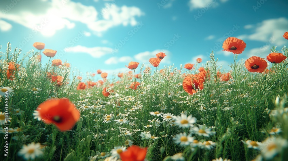 Naklejka premium Vibrant Poppy Field Under a Sunny Sky