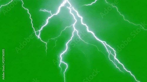 Powerful lightning striking on a green chroma key background, perfect for video effects and creative projects