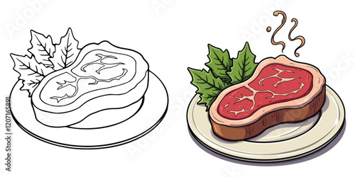 Steak Line Art Vector Illustration Black and White with Coloring Sample. Bold and Easy Food, Fruits, Sweets, Drinks, Dessert, and Snacks Coloring Pages for Adults and Kids