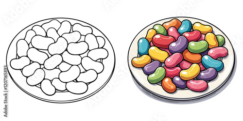 Jelly beans Line Art Vector Illustration Black and White with Coloring Sample. Bold and Easy Food, Fruits, Sweets, Drinks, Dessert, and Snacks Coloring Pages for Adults and Kids