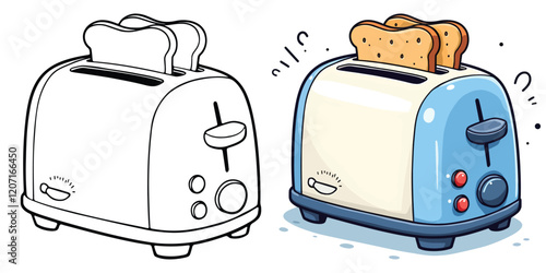 Electric Toaster or Toaster Oven Line Art Vector Illustration Black and White with Coloring Sample. Bold and Easy Food, Fruits, Sweets, Drinks, Dessert, and Snacks Coloring Pages for Adults and Kids