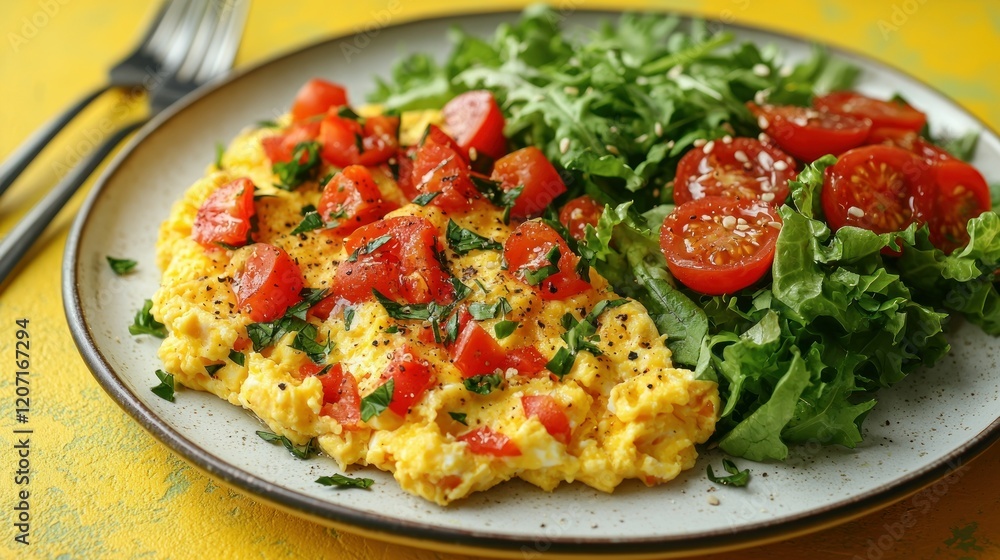 Scrumptious Scrambled Eggs with Tomatoes and Salad Scrumptious Scrambled Eggs with Tomatoes and Salad