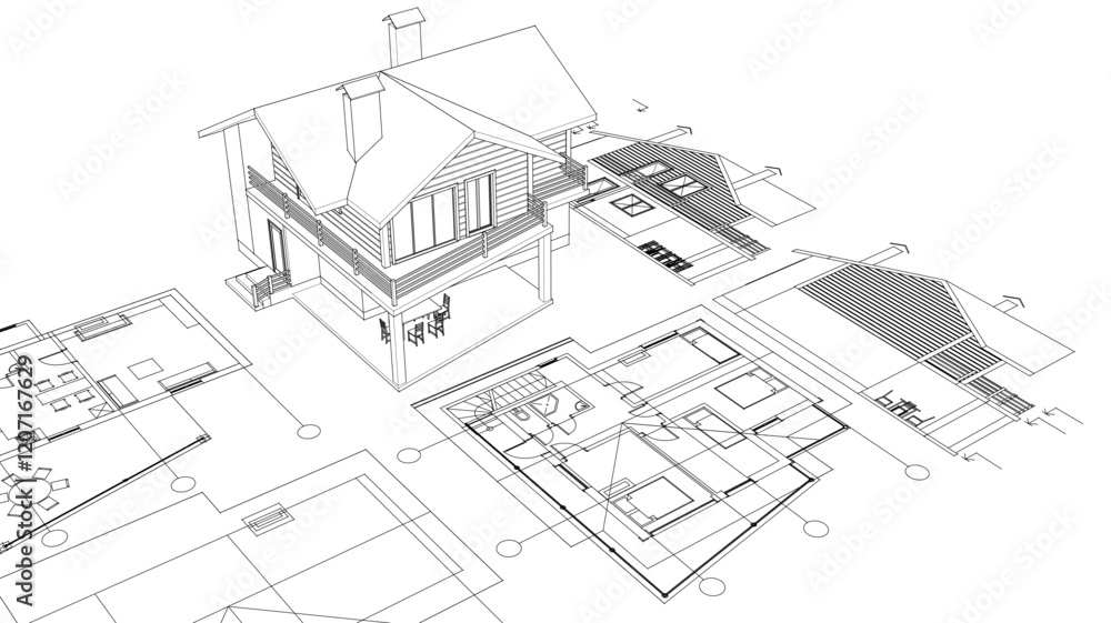 house architectural project sketch 3d illustration house architectural project sketch 3d illustration