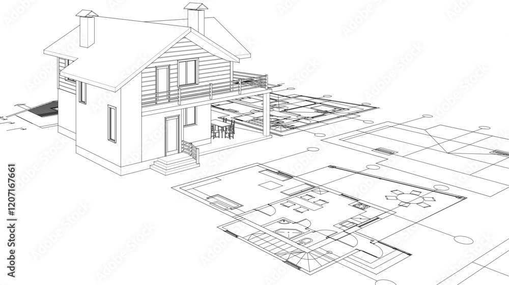 house architectural project sketch 3d illustration house architectural project sketch 3d illustration