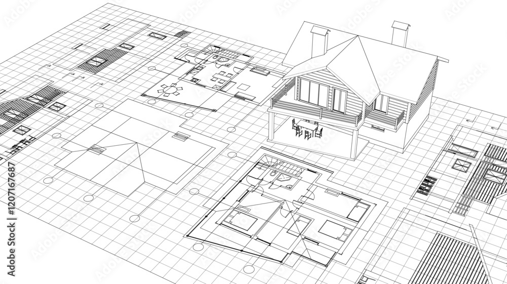 house architectural project sketch 3d illustration house architectural project sketch 3d illustration