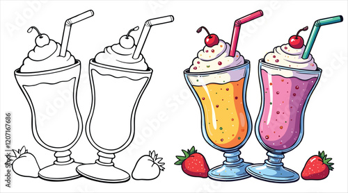 Milkshake Line Art Vector Illustration Black and White with Coloring Sample. Bold and Easy Food, Fruits, Sweets, Drinks, Dessert, and Snacks Coloring Pages for Adults and Kids