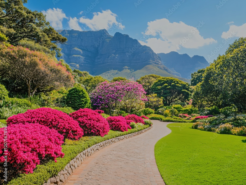 Fototapeta premium Vibrant Garden Path Scenic Mountain View Blossoms Spring
