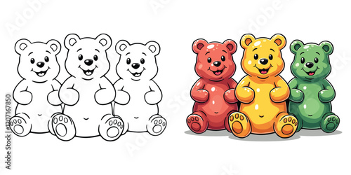 Gummy Bears Line Art Vector Illustration Black and White with Coloring Sample. Bold and Easy Food, Fruits, Sweets, Drinks, Dessert, and Snacks Coloring Pages for Adults and Kids