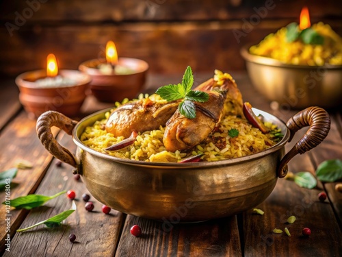 Close-up of aromatic Thalassery biryani; yellow rice in a copper bowl, a minimalist Indian culinary masterpiece. photo