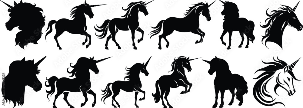 Unicorn silhouettes set, fantasy pack of vector silhouette design, isolated background Unicorn silhouettes set, fantasy pack of vector silhouette design, isolated background