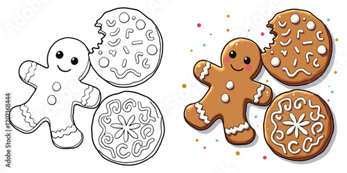 Gingersnap Cookies Line Art Vector Illustration Black and White with Coloring Sample. Bold and Easy Food, Fruits, Sweets, Drinks, Dessert, and Snacks Coloring Pages for Adults and Kids
