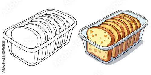 Banana Bread Line Art Vector Illustration Black and White with Coloring Sample. Bold and Easy Food, Fruits, Sweets, Drinks, Dessert, and Snacks Coloring Pages for Adults and Kids