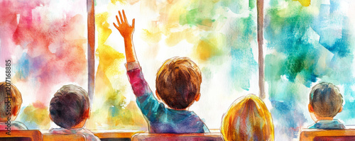 child in classroom raises their hand, eager to participate, surrounded by classmates. colorful background adds vibrant touch to learning environment