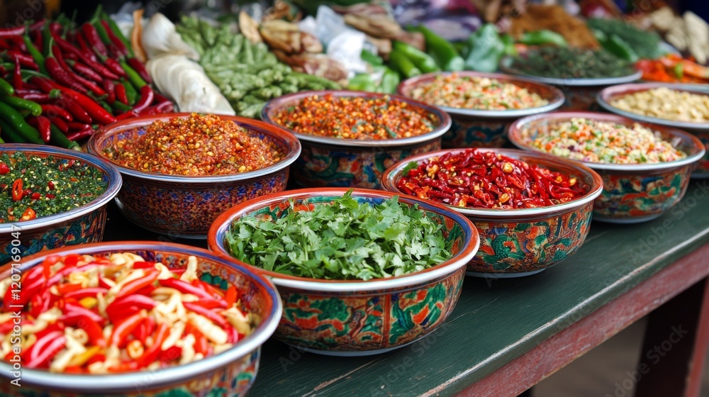 Fototapeta premium A colorful arrangement of chili sauces and pastes in small bowls, garnished with fresh herbs and sliced chilies, promoting a flavorful cooking atmosphere