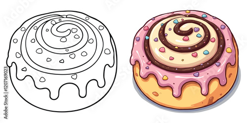 Cinnamon Rolls Line Art Vector Illustration Black and White with Coloring Sample. Bold and Easy Food, Fruits, Sweets, Drinks, Dessert, and Snacks Coloring Pages for Adults and Kids