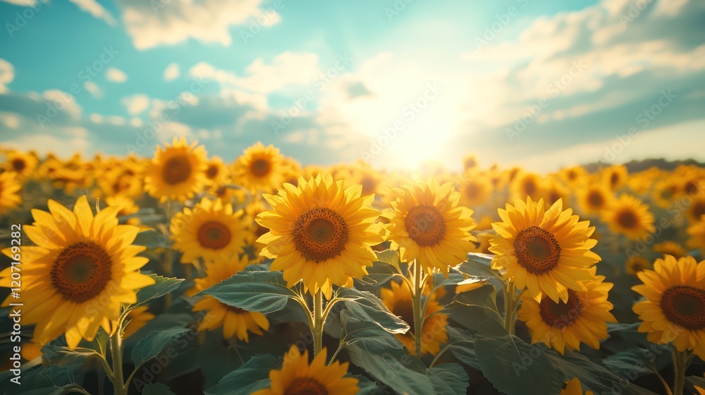 Fototapeta premium Golden Sunflowers at Sunset: A Vibrant Field of Joy