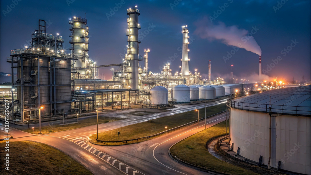 A modern oil refinery shining with many lights against the dark night sky. The atmosphere of technological progress. A modern oil refinery shining with many lights against the dark night sky. The atmosphere of technological progress.