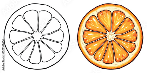 Orange Line Art Vector Illustration Black and White with Coloring Sample. Bold and Easy Food, Fruits, Sweets, Drinks, Dessert, and Snacks Coloring Pages for Adults and Kids