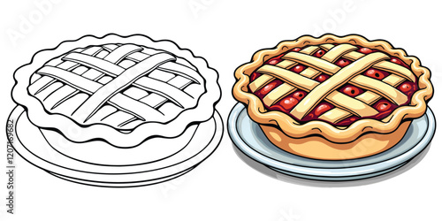 Apple Pie Line Art Vector Illustration Black and White with Coloring Sample. Bold and Easy Food, Fruits, Sweets, Drinks, Dessert, and Snacks Coloring Pages for Adults and Kids
