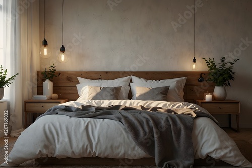 Cozy bedroom interior with soft lighting, a comfortable bed, and elegant decor in a windowless space. Interior design concept photo