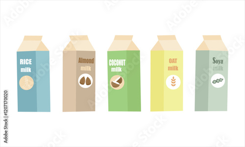 Milk boxes set Vector. Collection of regular milk, oats, soy, rice and almond milk. 