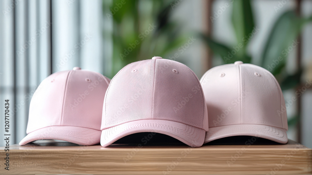 Set of Three Stylish Pink Baseball Caps Displayed on a Wooden Surface with a Soft Blurred Background of House Plants Set of Three Stylish Pink Baseball Caps Displayed on a Wooden Surface with a Soft Blurred Background of House Plants