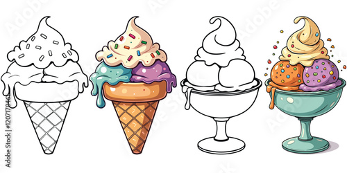 Cone Ice Cream Line Art Vector Illustration Black and White with Coloring Sample. Bold and Easy Food, Fruits, Sweets, Drinks, Dessert, and Snacks Coloring Pages for Adults and Kids