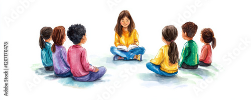 teacher sitting in circle with children, engaging them in story. scene captures warm and inviting atmosphere of learning and connection