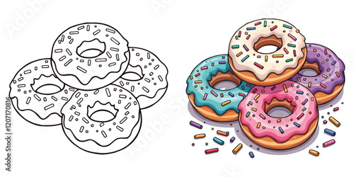 Donuts Line Art Vector Illustration Black and White with Coloring Sample. Bold and Easy Food, Fruits, Sweets, Drinks, Dessert, and Snacks Coloring Pages for Adults and Kids