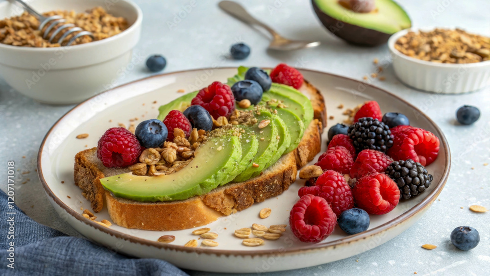 The plate presents a nutritious breakfast, including toast with avocado, granola and fresh berries. Light background. The plate presents a nutritious breakfast, including toast with avocado, granola and fresh berries. Light background.