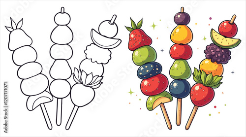 Fruit kabob Line Art Vector Illustration Black and White with Coloring Sample. Bold and Easy Food, Fruits, Sweets, Drinks, Dessert, and Snacks Coloring Pages for Adults and Kids