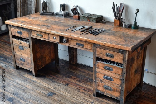 A vintage industrial workbench with wooden drawers and metal tools photo