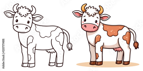 Cow Line Art Vector Outline Illustration Black and White with Coloring Sample. Bold and Easy Farm and Domestic Animal Coloring Pages for Adults and Kids.