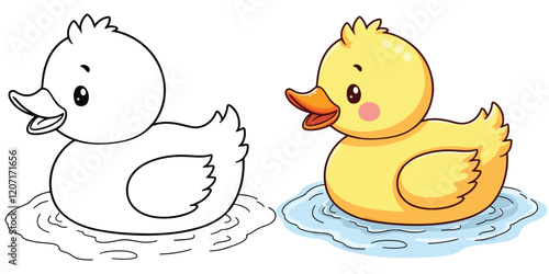 Duck Line Art Vector Outline Illustration Black and White with Coloring Sample. Bold and Easy Farm and Domestic Animal Coloring Pages for Adults and Kids.