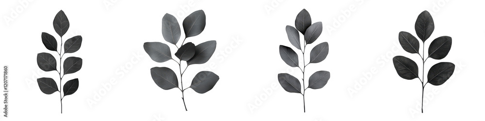 Elegant black and white botanical leaves composition with minimalist silhouettes of various plant foliage Serene calming and modern abstract nature design Elegant black and white botanical leaves composition with minimalist silhouettes of various plant foliage Serene calming and modern abstract nature design