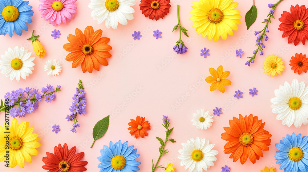 Colorful flowers on pastel pink background Colorful flowers on pastel pink background