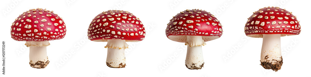 Obraz premium Close up photography of several red and white spotted poisonous Amanita mushroom caps growing in a natural forest environment The mushrooms are positioned on the forest floor with leafs twigs