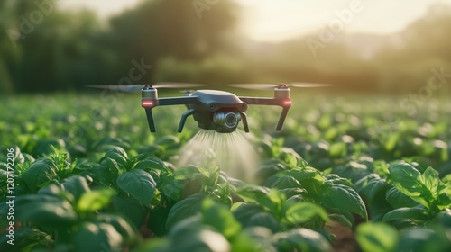 modern flying drones fly over a vegetable garden and water it. technological control of the harvest photo