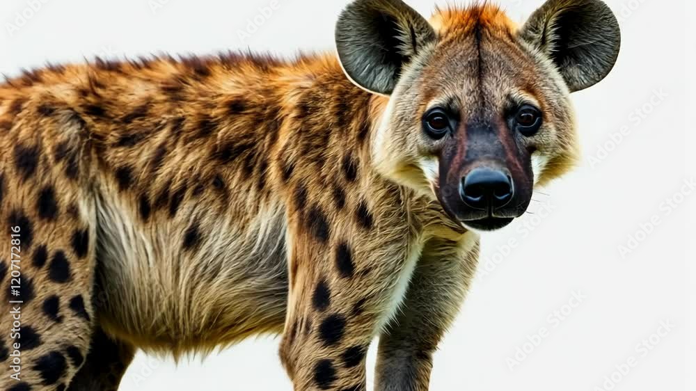 Spotted hyena is standing on a white background. It has a long tail and a long neck Spotted hyena is standing on a white background. It has a long tail and a long neck